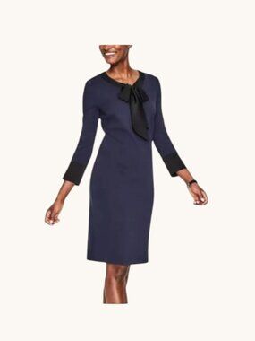 Boden Ponte Jersey Dress, Navy with Black Tie-Neck and Cuffs, Size 8